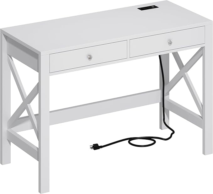 ChooChoo Computer Desk with USB Charging Ports and Power Outlets, 39" White Desk with Drawers, Small Study Writing Table with Stable X Frame for Home Office