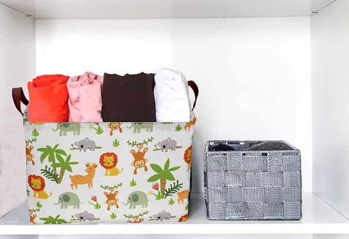 Essme Rectangular Animals Storage Basket,Green Baskets,Nursery Storage Bin Organizer with Handles for Jungle Decor,Shelf Bins,Animal Basket.(Jungle animal)