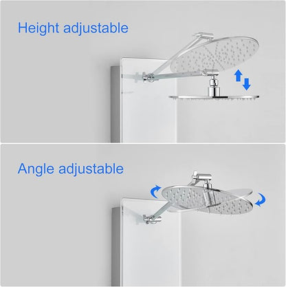 POPFLY Tempered Glass Shower Panel Tower System, 9" Adjustable Shower Arm Height, 304 Stainless Steel White Shower Panels Tower with 6 Massage Jet and Tub Spout
