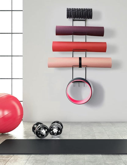5-Tiers Yoga Mat Holder Wall Mount, Metal Storage Rack for Yoga Mat/Wheels, Foam Roller and Block etcs, Wall Rack Organizer with 3-Hooks for Hanging Stretching Strap & Resistance Bands（2 Pack）