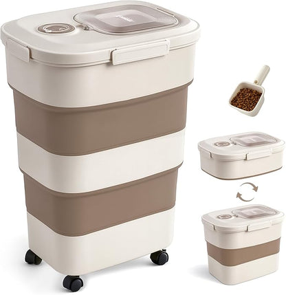 40-50lbs Dog Food Storage Container, Large Capacity Collapsible Airtight Pet Food Storage Containers with Rolling Wheels, Transparent Lid, Scoop and Date Track, Brown