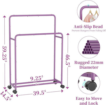 Simple Trending Clothing Clothes Rack Double Rods with Wheels, Rolling Metal Garment Rack for Hanging, Purple