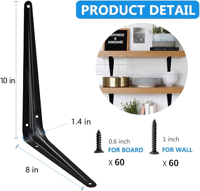 20 Pack Shelf Brackets 10 Inch, Heavy Duty Black Metal Floating Shelf Bracket, Rustic Farmhouse Decorative Iron L Bracket, J Brackets Wall Angel Corner Brace for Wood Shelves