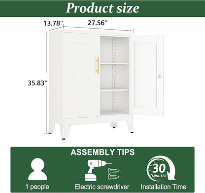 White Metal Storage Cabinet, 36" Tall Locking Storage Cabinet with 2 Adjustable Shelves, Steel Locker Organizer, for Office, Home, School