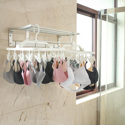 Foldable Plastic Hangers with 26 Drying Clips, Underwear Hanger with Clips, Plastic Laundry Clip and Drip Drying Hanger for Socks, Bras, Lingerie, Clothes, Sturdy, White, 2pc