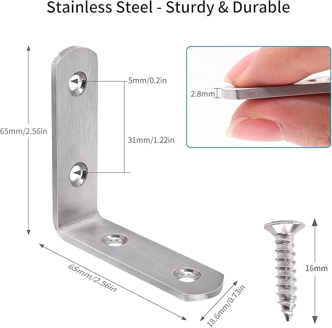 YUMORE L Bracket Corner Brace, 6Pcs 65x65mm Joint Right Angle Brackets Heavy Duty Stainless Steel 90 Degree Bracket Fastener for Wood Shelves Chair Tables Dressers Furniture with Screws