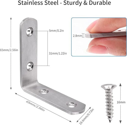 YUMORE L Bracket Corner Brace, 6Pcs 65x65mm Joint Right Angle Brackets Heavy Duty Stainless Steel 90 Degree Bracket Fastener for Wood Shelves Chair Tables Dressers Furniture with Screws