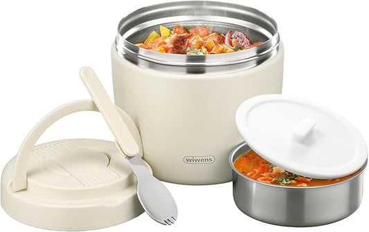 Thermo Food Jar for Hot Food Adults 32OZ Soup Thermo Lunch Containers Wide Mouth Vacuum Insulated Stainless Steel Leakproof Bento Box with Spoon (Beige)