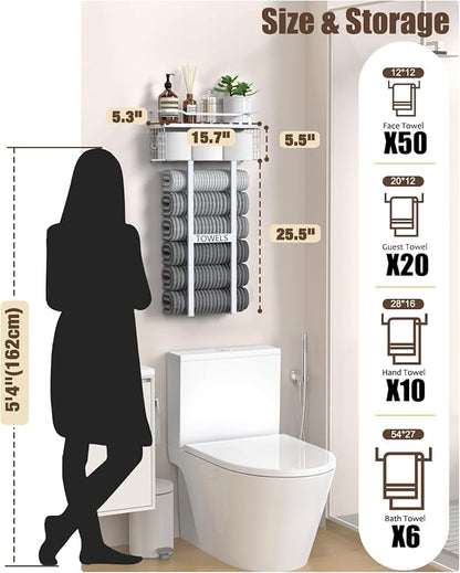 Towel Racks for Bathroom 31inch Wall Mounted Towel Rack,Floating Shelf with Wood Plank,Towel Storage for Bathroom Can Holds 6 Large Rolled Towels,All White
