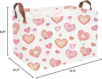 Essme Rectangular Pink Basket Gift Storage Box,Heart Storage Bins Organizer with Handles for Girls Room Decor, Valentine's Day Basket,Shelf Basket,Toy Organizer(Dreamy Heart)
