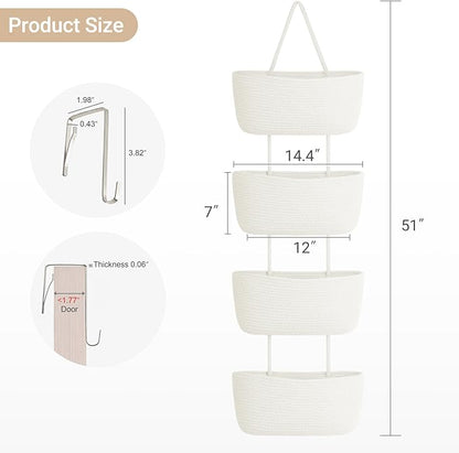 Dahey Over The Door Hanging Basket 4-Tier Woven Boho Wall Mounted Storage Organizer with Hooks for Bedroom Nursery Bathroom Apartments Dorm Pantry Decor, White