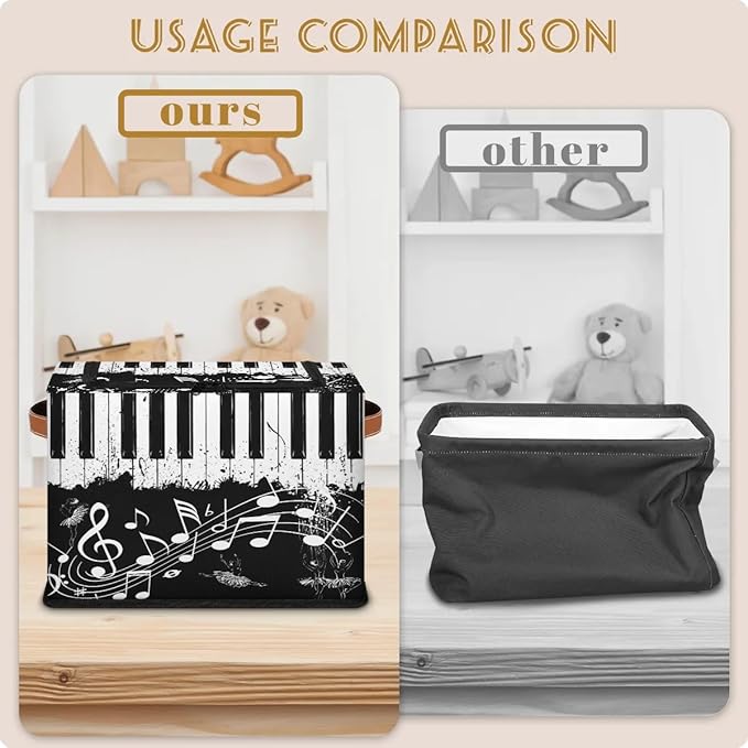 Music Note Ballet Storage Bins with Zipper Lid, Collapsible Fabric Storage Basket with Leather Handles Closet Shelf Cloth Organizer Basket for Nursery Bedroom Clothes Toy