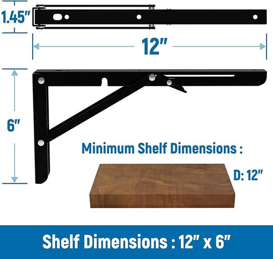LEOPO 12 inch Folding Shelf Brackets-2 Pack Foldable Heavy Duty Triangle Collapsible Wall Mounted Brackets for Fold Down Table, Space Saving for Bench Table with Screws, Black