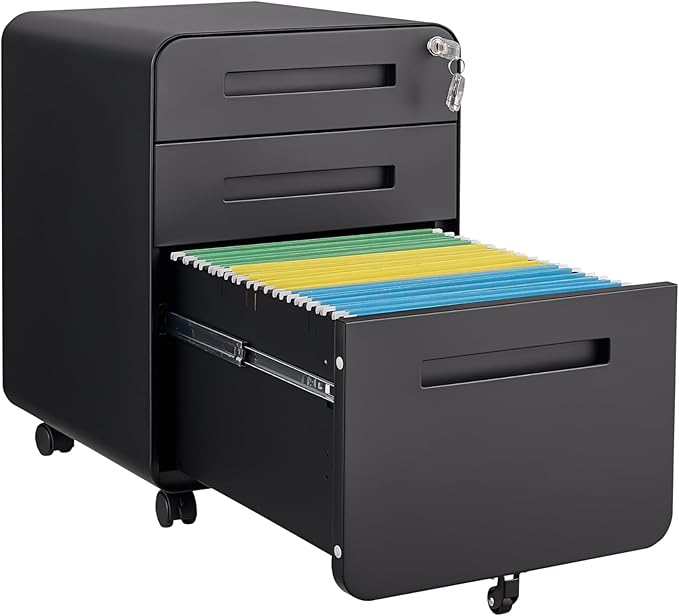 GarveeHome 3 Drawer Mobile File Cabinet with Lock, Under Desk Metal Filing Cabinet for Home Office, Under Desk Storage with 5 Wheels for A4/Letter/Legal Size, Fully Assembled