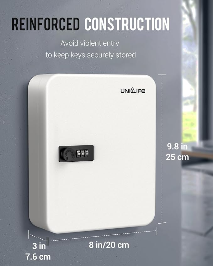 Uniclife 48 Position Key Cabinet with Combination Lock Resettable White Digital Security Storage Box Steel Key Organizer with Colorful Key Tag Labels Stickers and Hooks