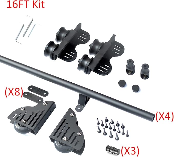DIYHD 16FT Sliding Library Ladder Black Track Kit,Stand Up Tensible Rolling Hardware,Floor Wheel with Brake