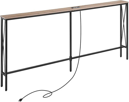 ELYKEN 5.9" Narrow Console Sofa Table with Power Outlets, 5.9" Dx70.9 Wx31.5 H Long Skinny Behind Couch Table with Charge Station and 6.5'Extension Cord, White Oak