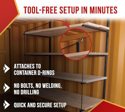 Mytee Products 4 Pack 4 Tier Shipping Container Shelving Bracket with Hooks - 19" x 77-1/2", 551 lbs WLL - Black Powder Coated Steel for Heavy Duty Trailer Containers - Easy to Assemble & Remove