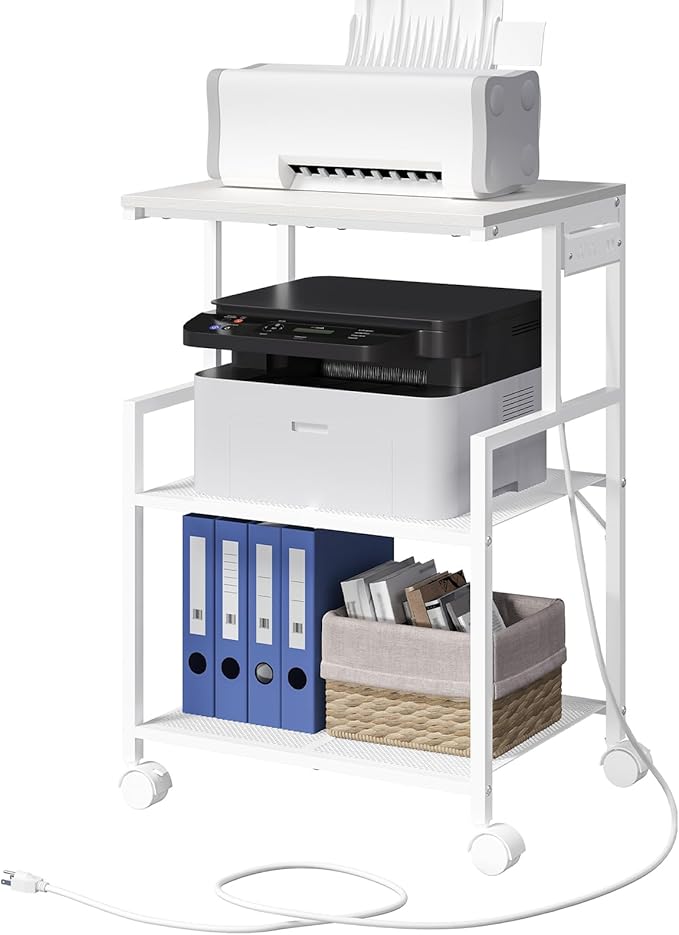 Mobile Printer Stand, 3-Tier Industrial Printer Cart with 2 AC Outlets and 2 USB Ports, Rolling Printer Table on Wheels for Home Offices Kitchen Organization Rack, White PTWT78E01
