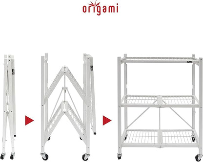 Origami 4-Pack General Purpose Foldable 3-Tier Shelf Storage Rack & Wheels, R3, White
