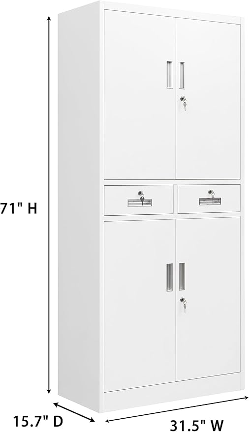 CMY Metal Storage Cabinet, 71" H x 32" W x 16" D Locking Cabinet with Adjustable Shelves and 2 Drawers, Steel Storage Cabinet for Office, Garage, Home, School, Utility Room-White