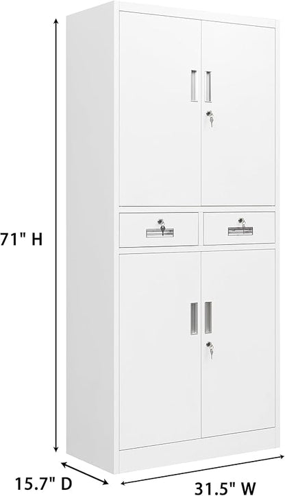 CMY Metal Storage Cabinet, 71" H x 32" W x 16" D Locking Cabinet with Adjustable Shelves and 2 Drawers, Steel Storage Cabinet for Office, Garage, Home, School, Utility Room-White