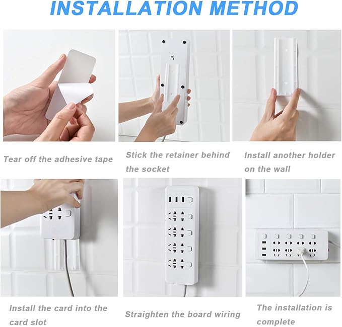 ACKLLR 4 Pack Self Adhesive Power Strip Holder Fixator Wall Mount Plug-in Socket Fixer Bracket Stand with 16 Pcs Cable Organizer Clips Clear for Remote Control Router Desk Computer Kitchen Home Office