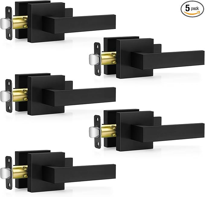 5 Pack Matte Black Door Handles, Passage Door Levers for Hallway & Closet, Interior Keyless Door Knobs Heavy Duty Square Non-Locking Handlesets(2.0lb), Reversible for Left & Right Sided Doors