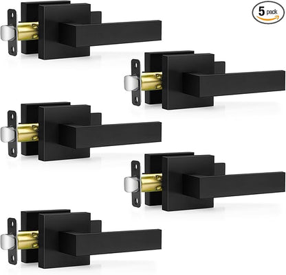 5 Pack Matte Black Door Handles, Passage Door Levers for Hallway & Closet, Interior Keyless Door Knobs Heavy Duty Square Non-Locking Handlesets(2.0lb), Reversible for Left & Right Sided Doors