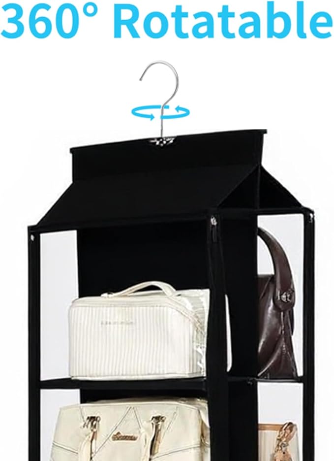 8 Grids in 1 Rotatable Hanging Purse Handbag Organizer with Double Zippers, Visible Purse Organizer for Closet, Fully Enclosed Handbag Storage Holder-Black