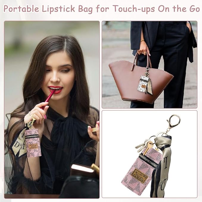 2 PCS Lipstick Organizer, Leather Lip Gloss Bag with Keychain, Portable Mini Lipstick Case for Lip Gloss, Purse,Mini Perfume