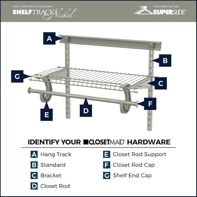 ClosetMaid ShelfTrack Nickel Hang Track Rail, Closet System Hardware, 40 in., Durable Steel for Closets, Pantries, Utility, Laundry