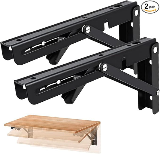 Folding Shelf Brackets Max. Load 580 lb, 10 Inch Black Collapsible Heavy Duty Brackets for Table Bench - Space Saving, 2 Pack