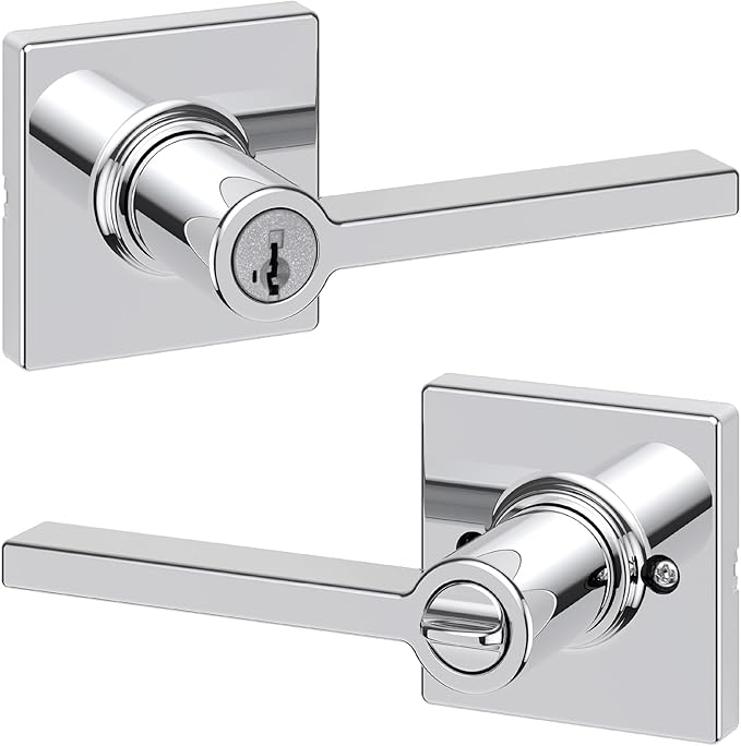 Kwikset Casey Entry Door Handle with Lock and Key, Secure Keyed Reversible Lever Exterior, Door Lock, For Front Door Entrance and Bedrooms, Polished Chrome, Pick Resistant Smartkey Rekey Security