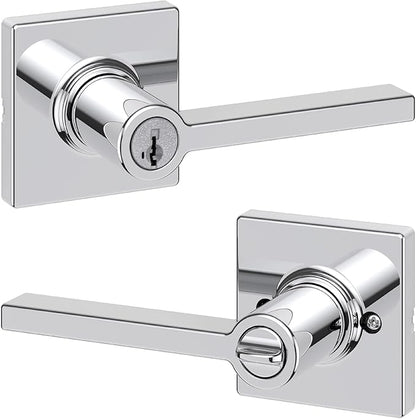 Kwikset Casey Entry Door Handle with Lock and Key, Secure Keyed Reversible Lever Exterior, Door Lock, For Front Door Entrance and Bedrooms, Polished Chrome, Pick Resistant Smartkey Rekey Security
