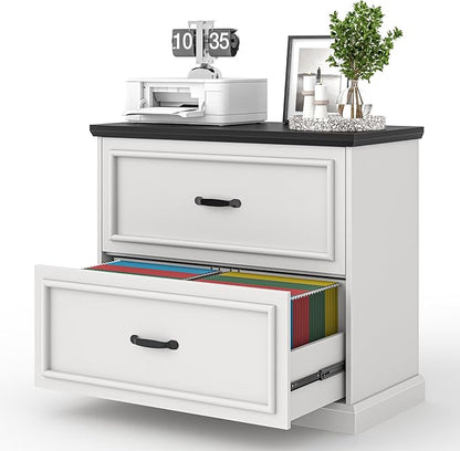 2 Drawer File Cabinet, Farmhouse Lateral Filing Cabinet for Letter/A4/F4/Legal Size Hanging Files, Large Wood File Storage Cabinets Printer Stand for Home Office, White and Black