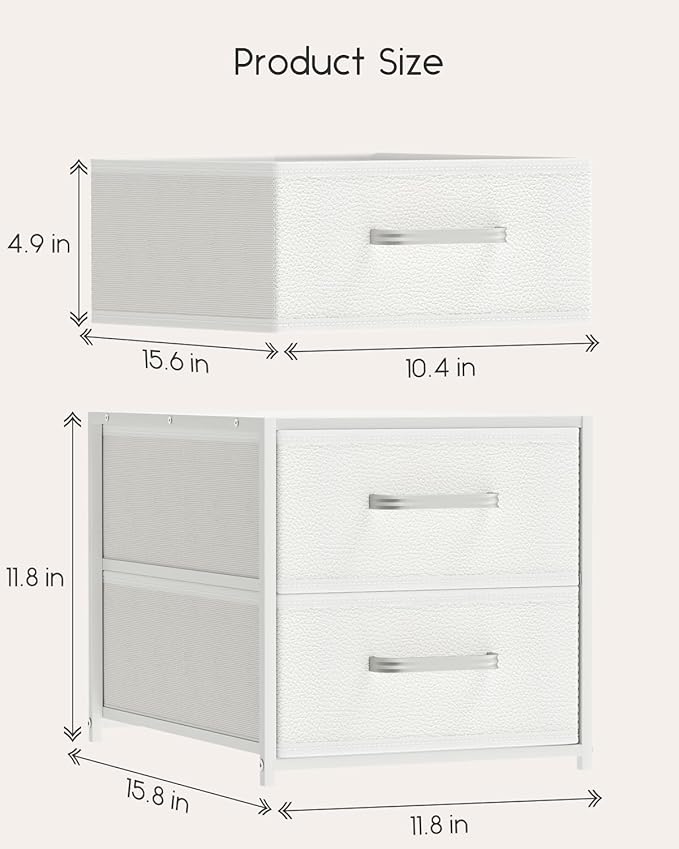 Stackable Storage Drawers - 2 Tier Closet Drawers, Closet Organizer with Metal Handles, Night Stand with Collapsible Bins, Fabric Dresser for Bedroom, Dorm, Office, White, 2 Pack