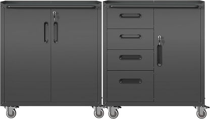Metal Tool Cabinet,Garage Storage Cabinet System,Wall Cabinet & Locking Rolling Tool Cabinet with Doors and Adjustable Shelves,Steel Tool Cabinets for Home (2 Pcs-Styled, Black)