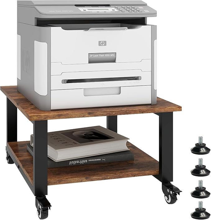 Natwind 2 Tier Laser Printer Stand,19.7''x19.7''x12.6'' Large Printer Table Copier Stand Under Desk,Heavy Duty Rolling Cart with Paper Storage Shelf,Printer Holder on Wheels for Home Office (Retro)