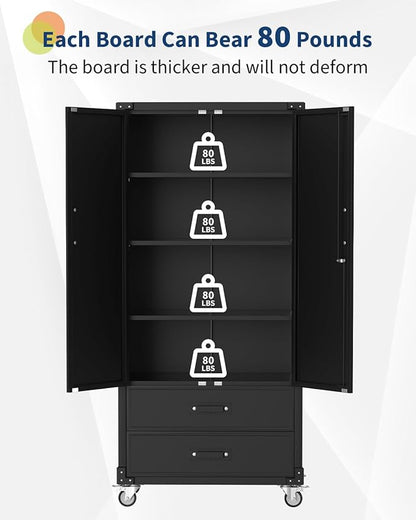 GarveeHome 72 in Metal Storage Cabinet with Wheels, Locking Doors & 2 Drawers,Heavy Duty Rolling Garage Organizer with 3 Adjustable Shelves for Home/Office/Workshop/Warehouse