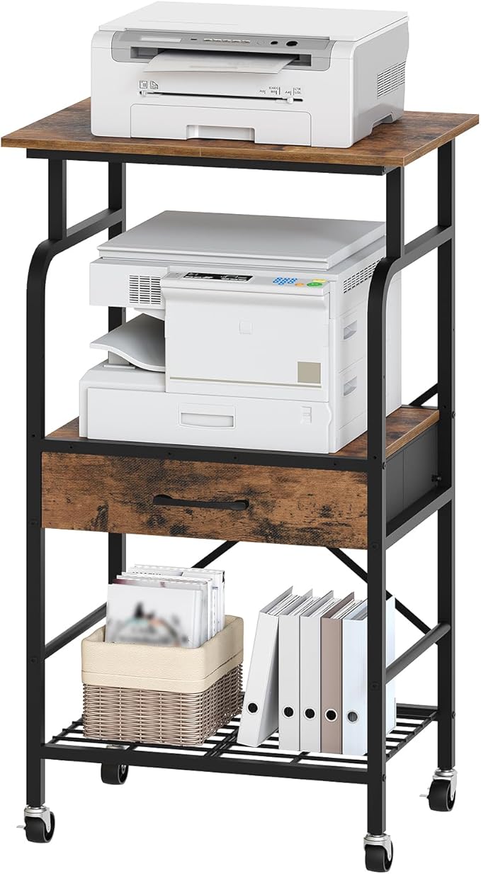 Tall Printer Stand, 3 Tier Printer Cart with Storage, Industrial Printer Table on Wheels, Adjustable Shelf & Fabric Drawer, for Home Office Study Rustic Brown PTHR5401