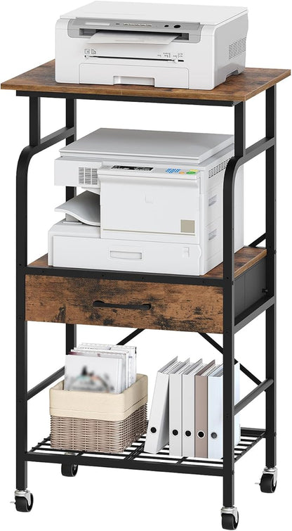 Tall Printer Stand, 3 Tier Printer Cart with Storage, Industrial Printer Table on Wheels, Adjustable Shelf & Fabric Drawer, for Home Office Study Rustic Brown PTHR5401