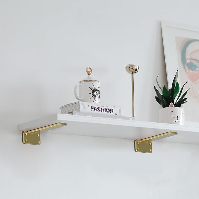 Floating Shelf Brackets Upgraded,12 inch, Gold Heavy Duty Iron Shelf Brackets, Industrial Modern Floating Shelf Support for Wall Mount Shelves,Wide Brackets ,4 Pack, Support DIY(5mm Thickening Type).