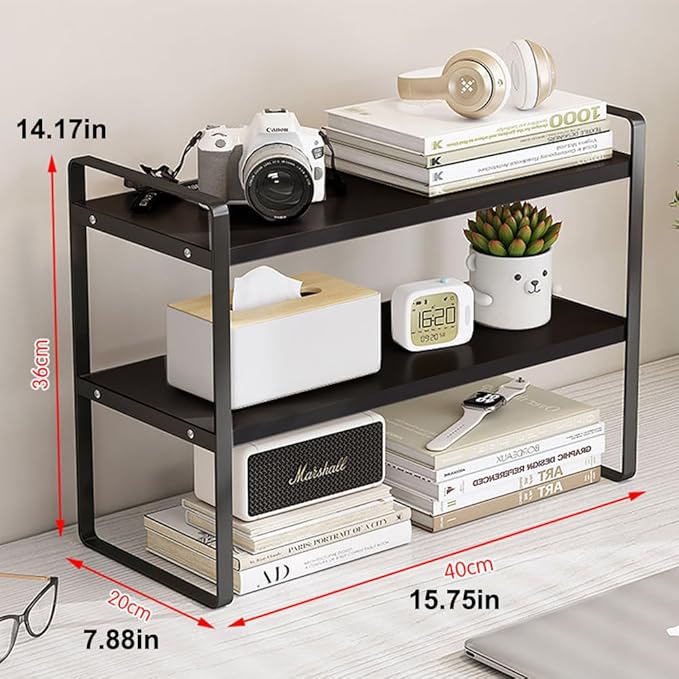 Hbluefat Desktop Organizer Shelf, 2-Tier Multipurpose Tabletop Storage Bookshelf, Small Wooden Countertop Storage Rack for Home Office Kitchen (Black+Black)