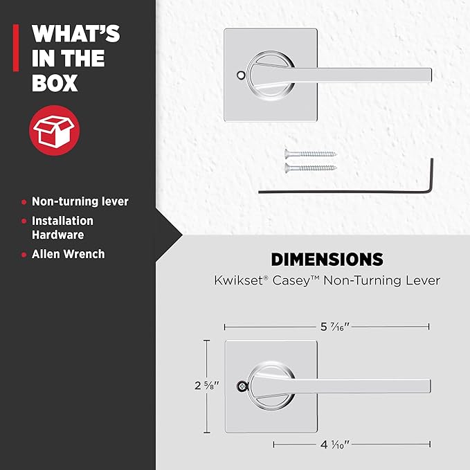 Kwikset Casey Dummy Door Handle, Single Sided Lever for Closets, French Double Doors, and Pantry, Polished Chrome Non-Turning Reversible Interior Push/Pull Lever (Pack of 2)