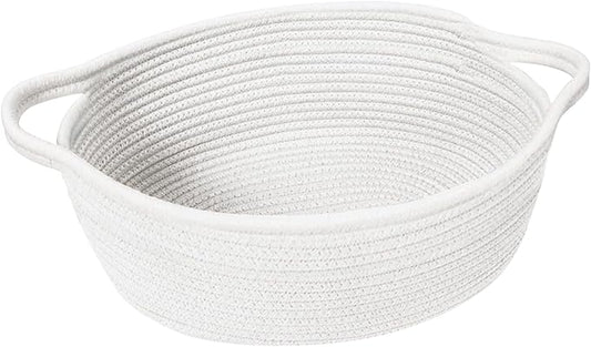 Small Woven Gift Basket, Baskets for Gifts Empty, Cotton Rope Cat Dog Toy Bin Box, Nursery Baby Basket, Wicker Basket with Handles, Cute Storage Basket for Home Decor, White, 12"x 8"x 5"