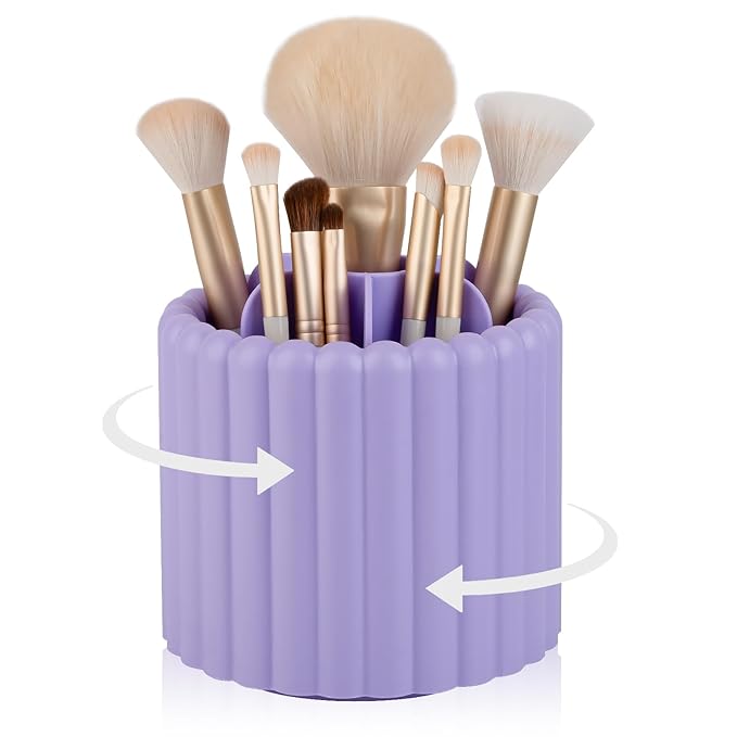 Anyoifax 360 Rotating Makeup Brush Holder 7 Slots Make Up Brush Organizer Removable Spinning Cosmetic Brushes Storage Pen Holder for Vanity, Dresser, Desk, Purple