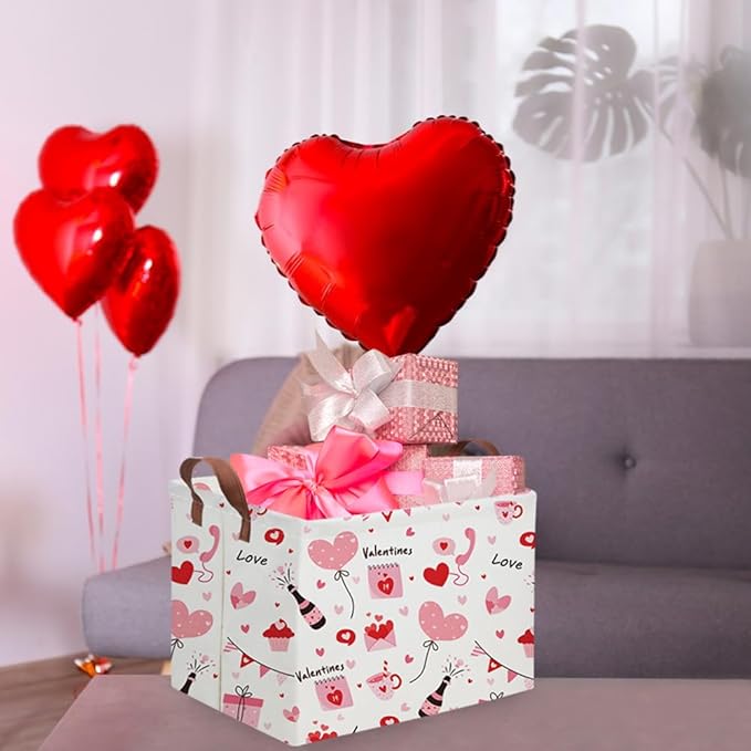 Rectangular Pink Valentine's Day Gift Basket,nursery basket,Pink girls gift baskets,kids toy storage Bin, Love Heart Room Decor for Home,Shelf Baskets(Balloon Love)