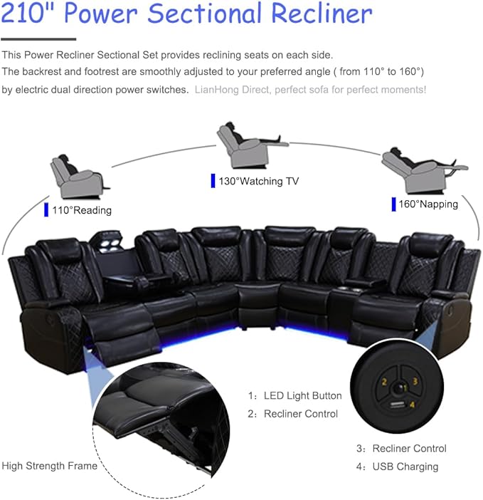 Black Power Sectional Recliner Sofa Set for Living Room, Power Recliner Sofa and Loveseat Sets, L Shaped Leather Sectional Sofa with LED, Smart Power Pad, Cup Holders, Storage for House/Office