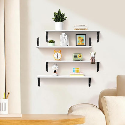 Wood Floating Shelves Set of 4, Rustic Storage Decor Wall Shelves, Wall Mounted Shelf for Living Room, Bedroom 23.6" x 6", White